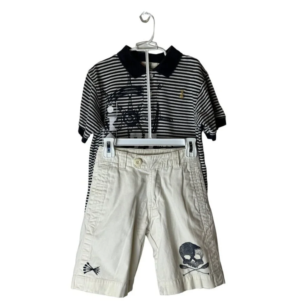 Wes And Willy Ivory And Blue Striped Nautical Pirate Polo Shirt Short Set Size 6